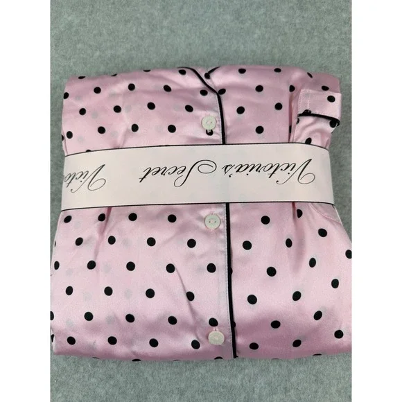 Victoria's Secret XXL Pink Polka Dot Satin Long Pajama Set 2 Piece Sleepwear NWT